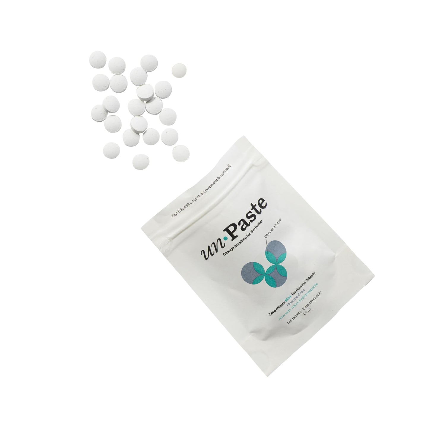 Now w/Nano-HYDROXYAPATITE, New Formula, Unpaste Toothpaste Tablets, Fluoride-Free Mint Remineralizing Tablet, Xylitol Free, Vegan, Plastic Free, Travel-Friendly, Resealable Packet, 125ct/2 mo Supply