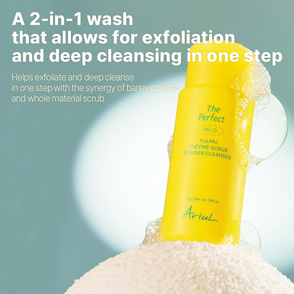 Ariul The Perfect Yulmu Enzyme Scrub Powder Cleanser – Gentle Exfoliation with Job’s Tears & Enzymes, Pore Cleansing, Non-Irritating & & Vegan Formula, Korean Skin Care, 55g / 1.94 oz
