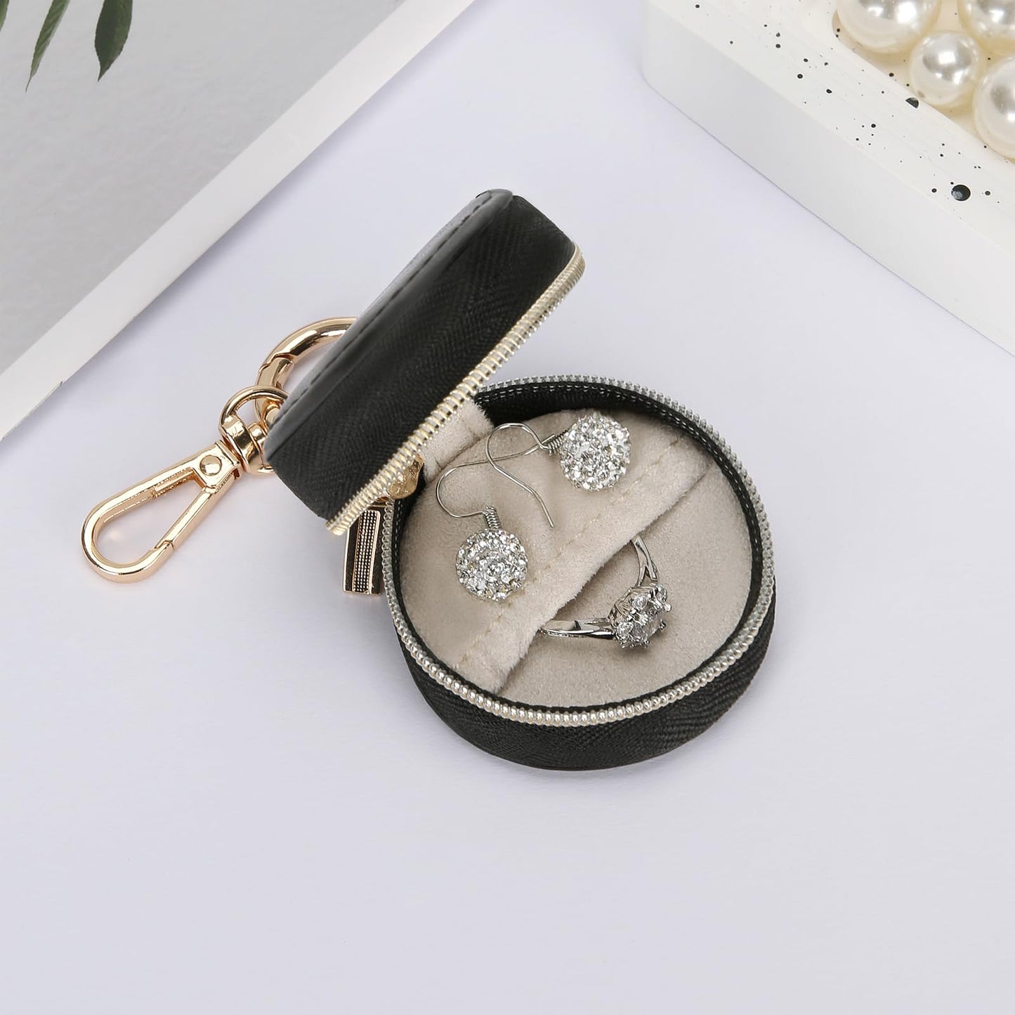 KUKUVR Jewelry Ring Holder Box with Keychain, Portable Gym Jewelry Storage Box Case, Small Travel Ring Earring Stud Necklace Storage Case (Black)