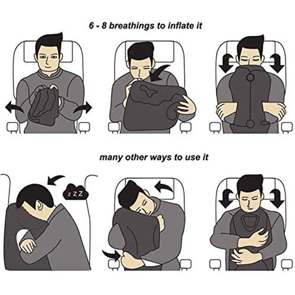 Kimiandy Inflatable Travel Pillow for Airplane, Neck Air Pillow for Sleeping to Avoid Neck and Shoulder Pain, Support Head and Lumbar, Used for Airplane, Car, Bus and Office (Black)