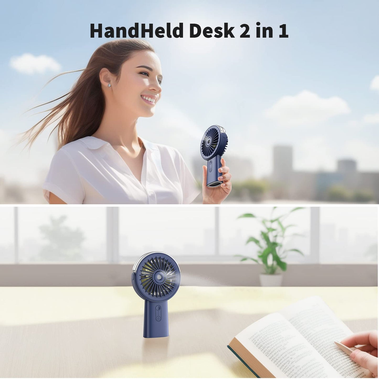Otlonpe Rechargeable Handheld Portable Misting Fan, 4-15 Hrs Runtime, Small Personal Mist Portable Fan 4000mAh Battery Operated, Water Spray, 90° Rotatable, Power Bank, Hand Held Desk 2 IN 1 (Blue)