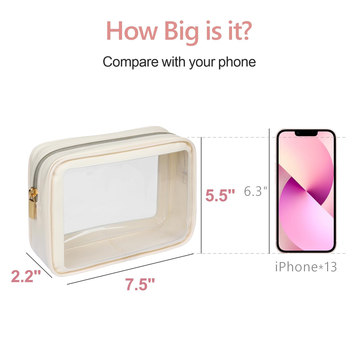 PACKISM Clear Makeup Bag - Soft Plastic Color-Edged TSA Approved Toiletry Bag, Reusable Clear Toiletry Bags with Golden Zipper, Beige