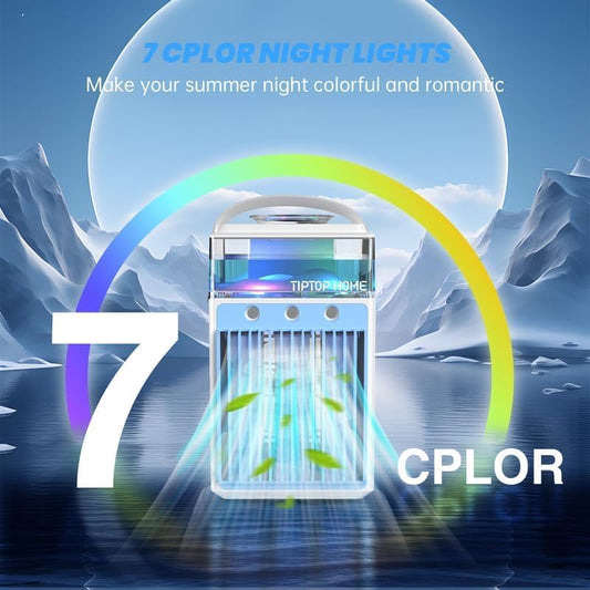 Portable Air Conditioner Fan, Rechargeable 4-IN-1 Personal Mini Cooler Humidifier, 3-Speed Evaporative Air Cooler with 7 Color Lights, Cordless AC Desktop Spray Fan, Quiet Desktop Cooler