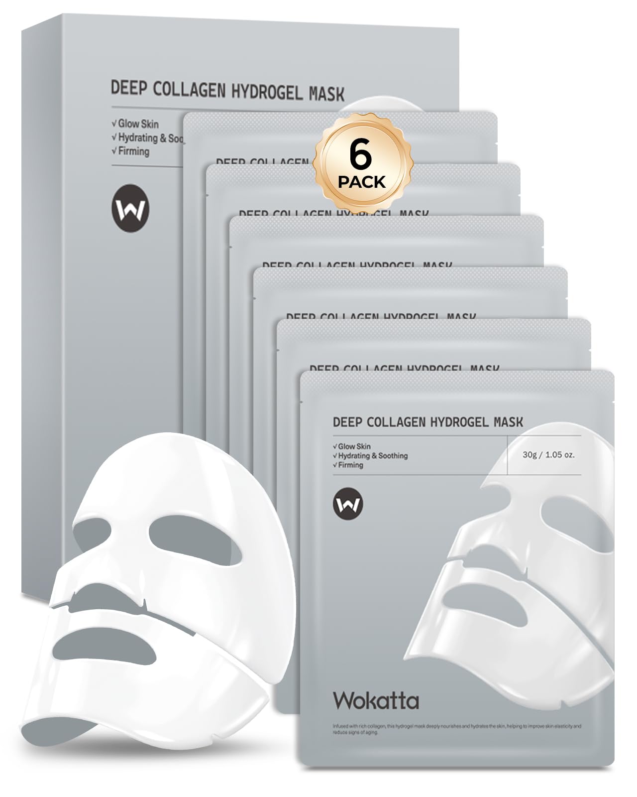 Wokatta 6 Pack Bio-Collagen Face Mask, Hydrating Overnight Masks, Anti-Wrinkle Face Lifting Mask for Elasticity, Pore Minimizing, Firming, Moisturizing, Real Collagen/Korean Skin Care