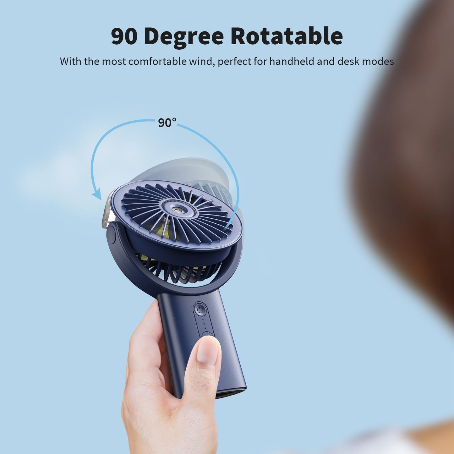 Otlonpe Rechargeable Handheld Portable Misting Fan, 4-15 Hrs Runtime, Small Personal Mist Portable Fan 4000mAh Battery Operated, Water Spray, 90° Rotatable, Power Bank, Hand Held Desk 2 IN 1 (Blue)