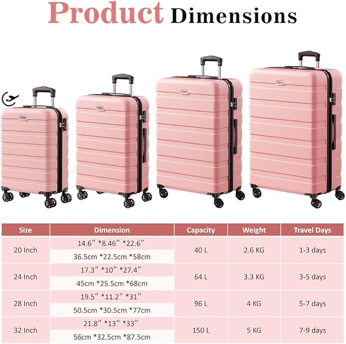 AnyZip Luggage Sets 4 Piece Hardshell Suitcase Set PC ABS Lightweight Travel Suitcases with 4 Double Spinner Wheels TSA Lock 20 24 28 32 Inch Pink
