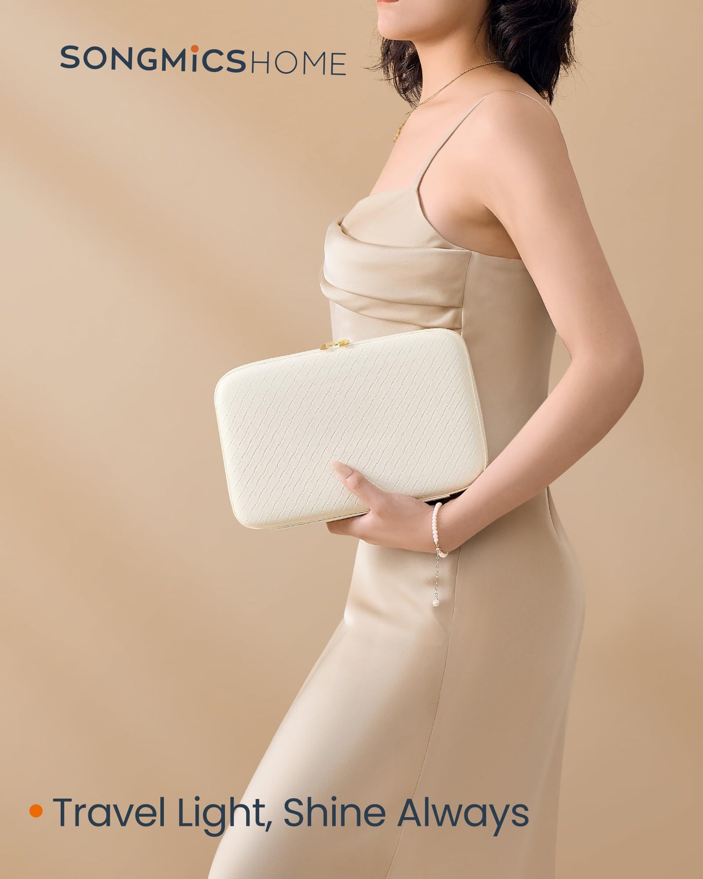 SONGMICS HOME Travel Jewelry Case, Jewelry Organizer Box with Mirror, Jewelry Pouch, Woven Embossed PU Leather, Hard Shell, Large Capacity, Gift Idea, Cloud White UJBC204W01