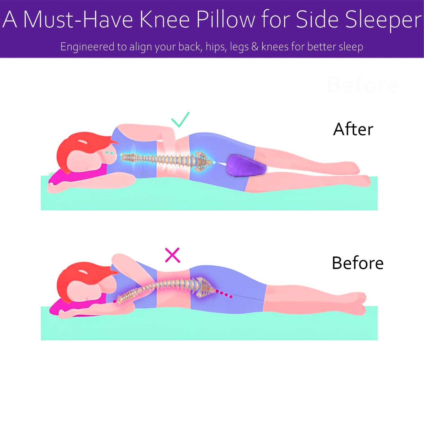 Knee Pillow for Side Sleepers, Leg Pillow for Side Sleeping Velvet Soft Fabric, Inflatable Travel Pillow for Thigh Sleep Support, Side Sleeper Pillow Between Legs for Hip Sciatica Back Pain Relief