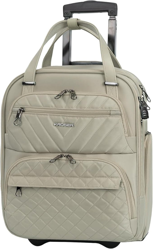 KROSER Carry On Underseat Multi-functional, 16-inch Underseater Lightweight Overnight Suitcase for Women, Light Khaki
