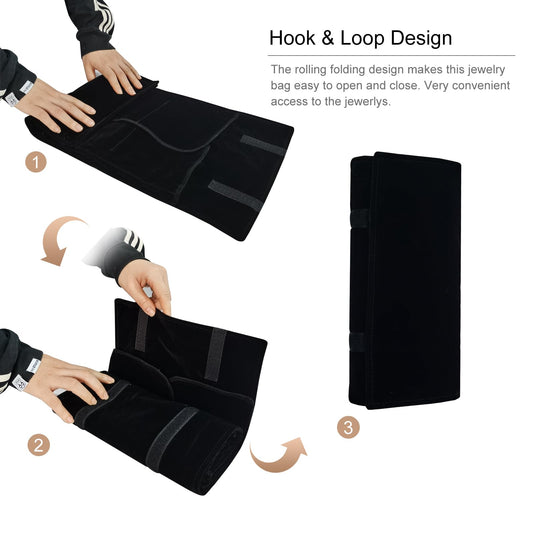 SCIKHEFT Velvet Travel Jewelry Case Roll Bag Organizer for Necklace Bracelet Earrings Ring (Black)
