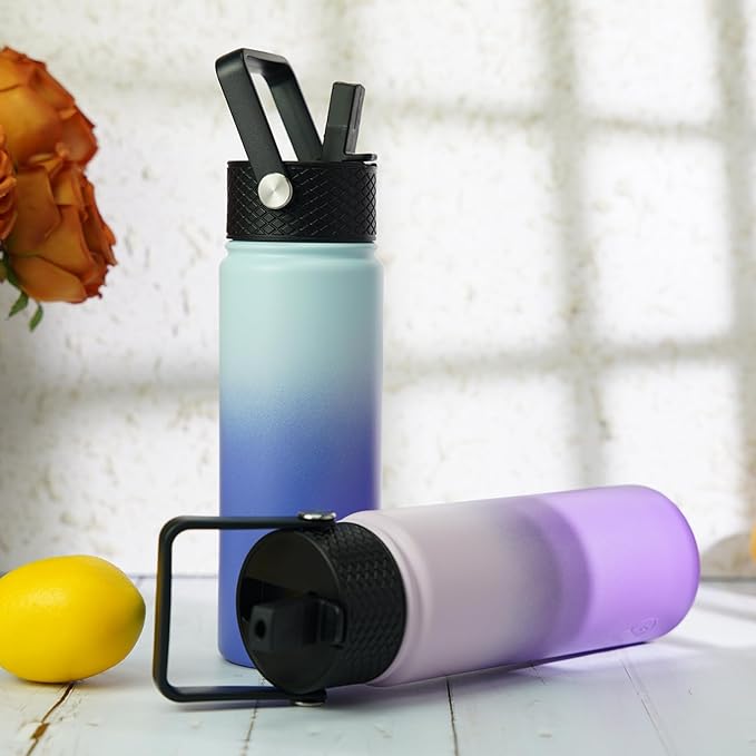 BJPKPK Insulated Water Bottles with Straw Lid, 22oz Cold & Hot Thermo, Stainless Steel Metal Water Bottle with 3 Lids, Reusable Thermo, Cups, Mugs for Daily Use-Sky