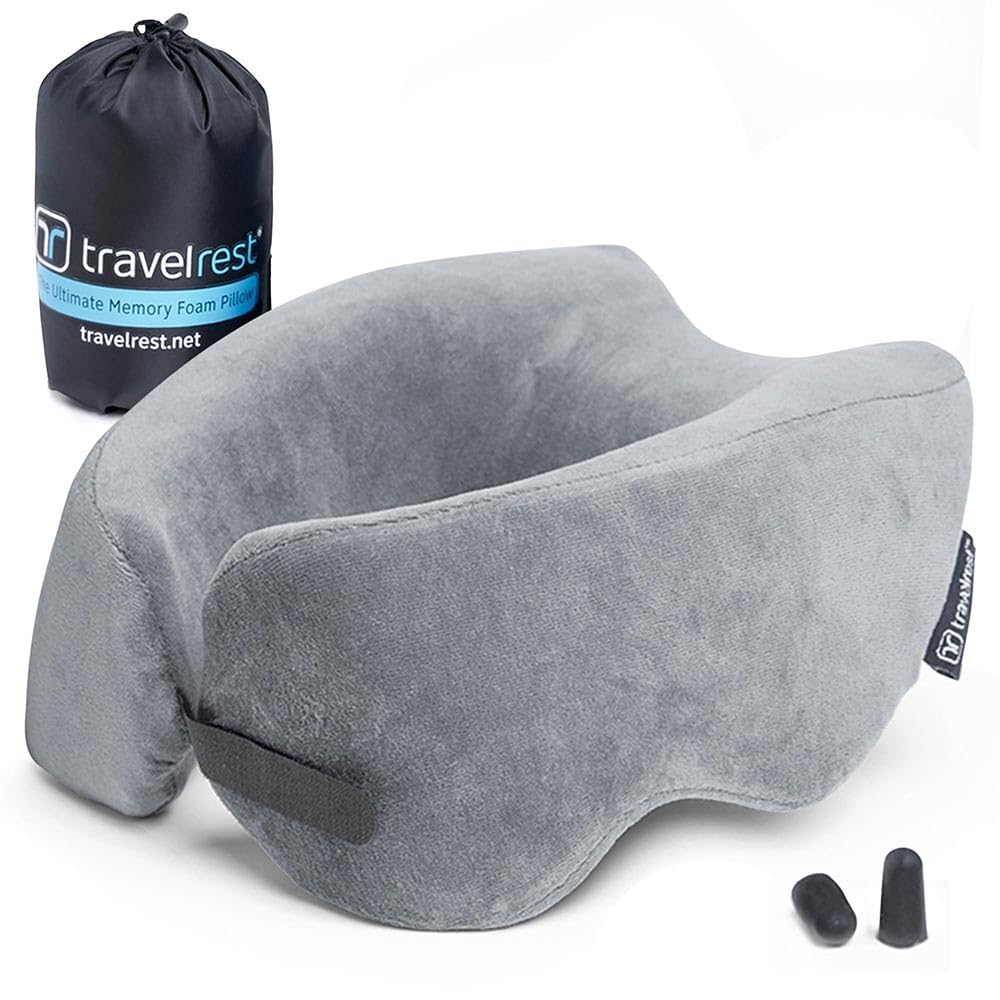 TRAVELREST Nest Neck Pillow Travel Essentials - Memory Foam Pillow and Patented Design, Support for Long Flights, Travel Accessories, Comfortable and Compact, Washable, Attaches to Luggage - Gray