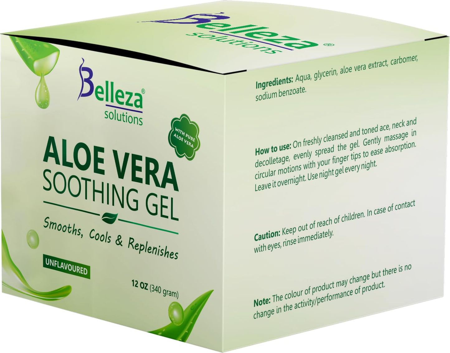 Belleza Solutions Aloe Vera Soothing Gel from freshly cut 100% Pure Aloe - Big 12oz - Vegan, Unscented - For Face, Skin, Hair, Sunburn relief (Unflavored)