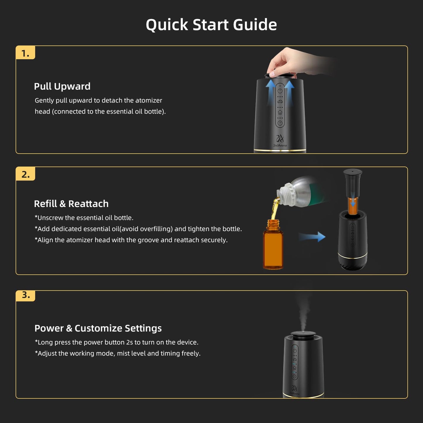 2ndAroma Waterless Oil Diffuser, Portable Car Diffusers for Essential Oils, Wireless Diffusers with 3 Mist Levels & Timer, ABS Material, Starry Night Light for Car Home Office, Includes 3 Scent Oils