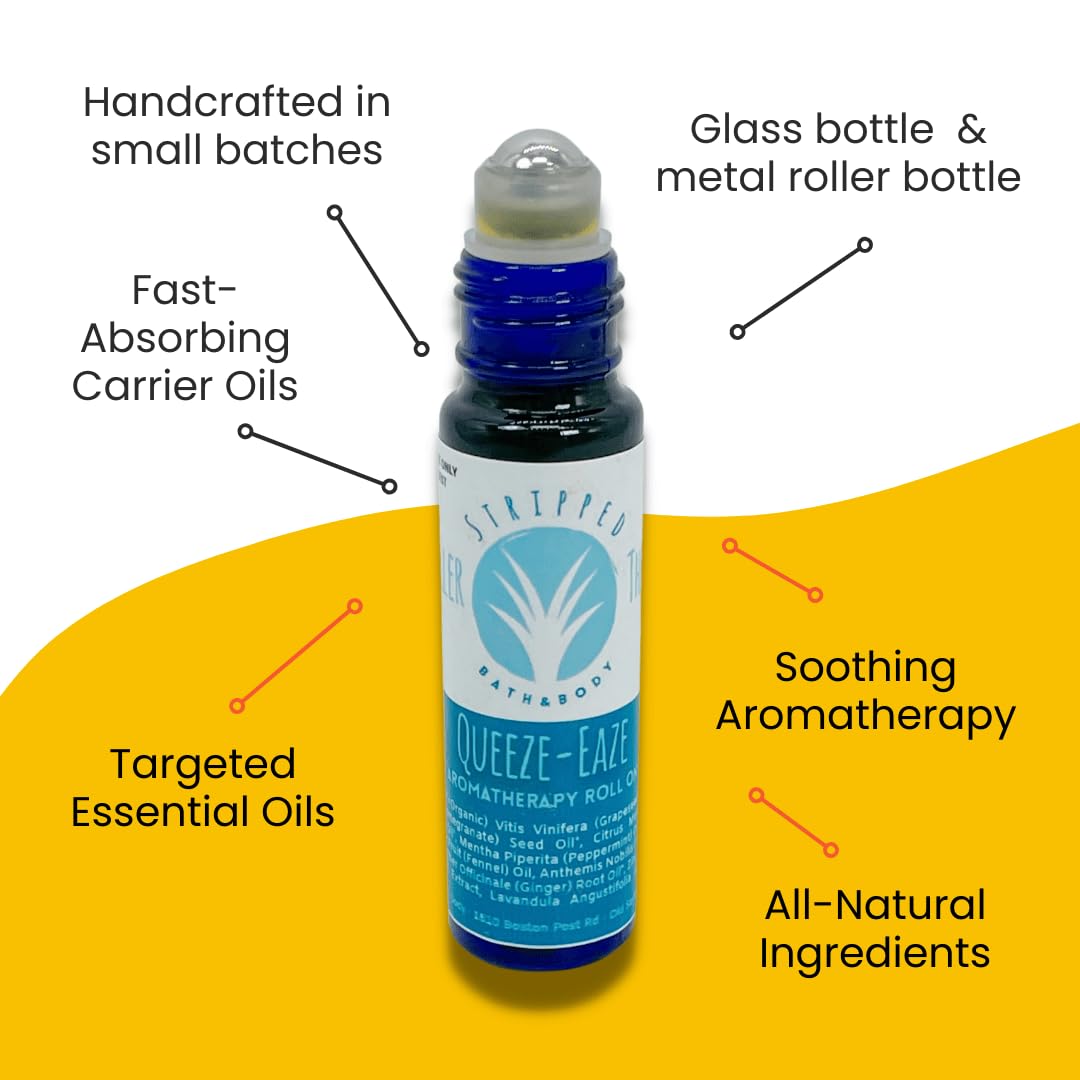 Stripped Bath & Body Queaze Eaze Essential Oil Roll On | Stomach Support Essential Oil Blend with Ginger, Lemon, Peppermint, and Fennel – Skin-Friendly Carrier Oils | Stocking Stuffer Gift