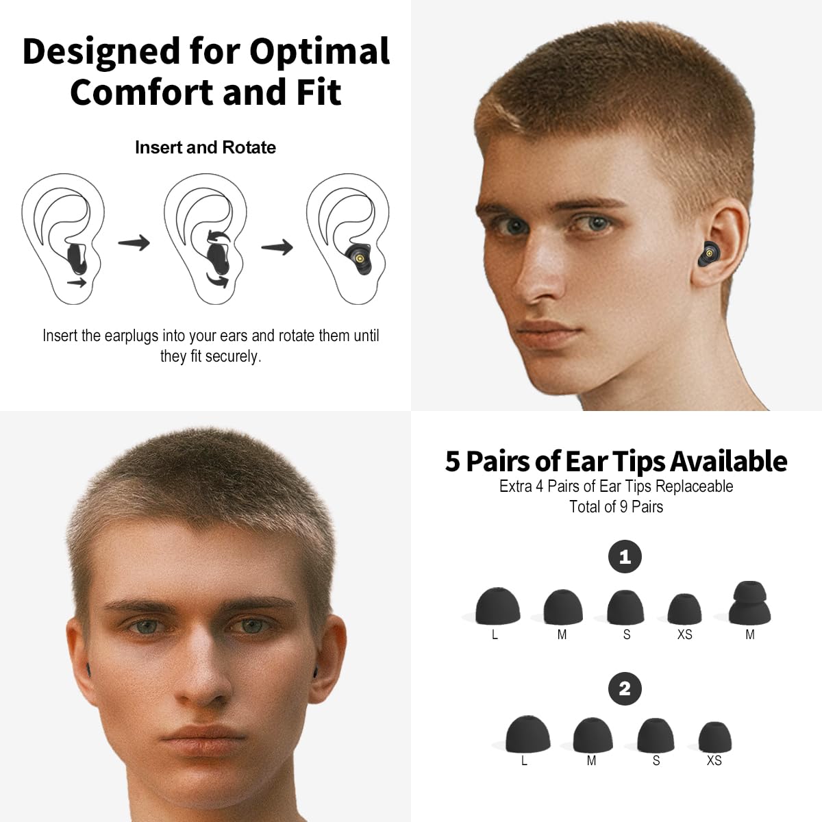 Avoxins Ear Plugs for Sleeping Reusable Earplugs for Concerts Noise Cancelling Soft Silicone Noise Reduction Earbuds for Travel, Focus, Work 33-45dB Hearing Protection with 9 Ear Tips & Case (Black)