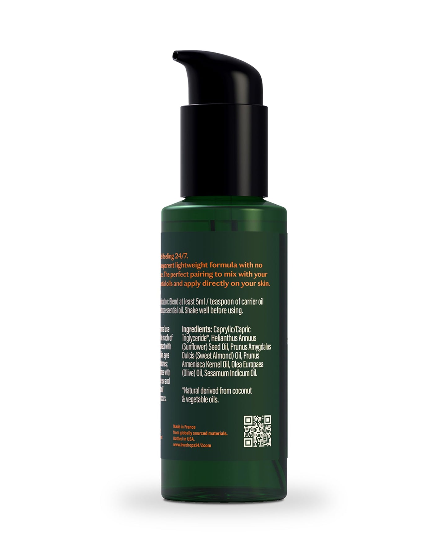 Livedrops 24/7 Unscented Carrier Oil for Essential Oils – Skin Safe, Vegan, Odorless, Fast Absorbing – Mix for Dilution, Massage, Hair & Face Care – Crafted in France – Clinically Tested