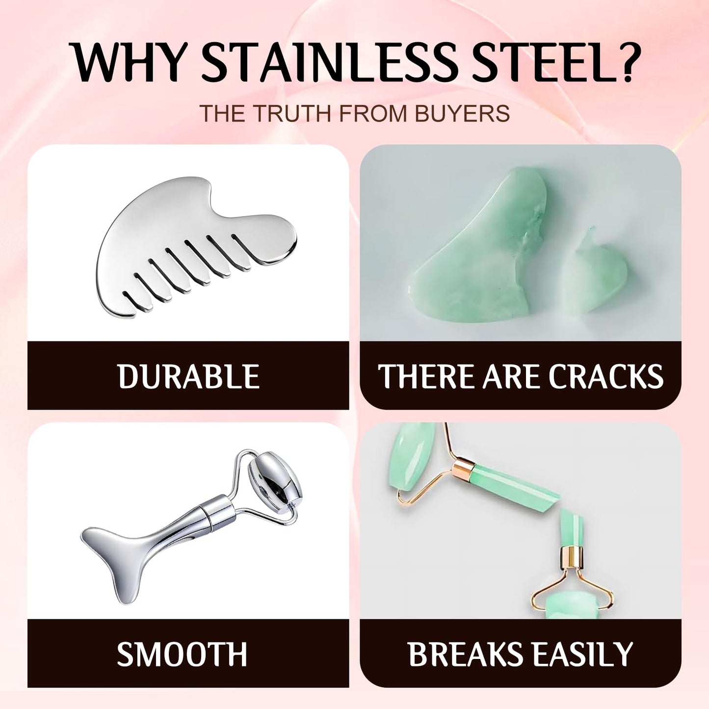 Gua Sha Facial Tool and Face Roller Set, Stainless Steel Lymphatic Drainage Massager for Face, Head, Eyes, Chin and Jaw, Lifting, Massage Scraping with Travel Pouch