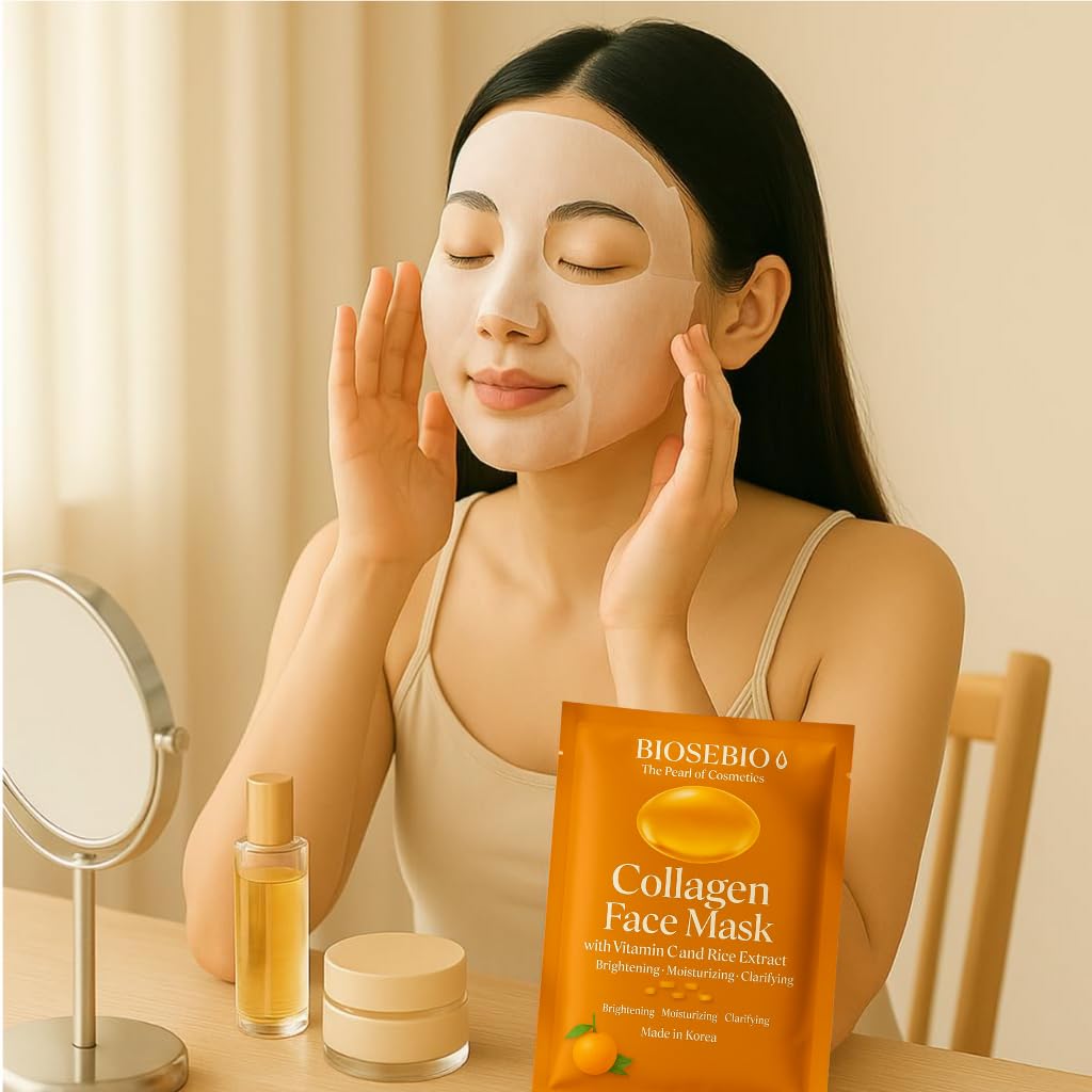 Korean Collagen Face Mask with Vitamin C & Rice Extract - BIOSEBIO Hyaluronic Acid Sheet Masks for Glowing Radiant Skin - Deep Hydrating, Moisturizing & Anti-Aging Facial Skincare for Women - 5 Pack