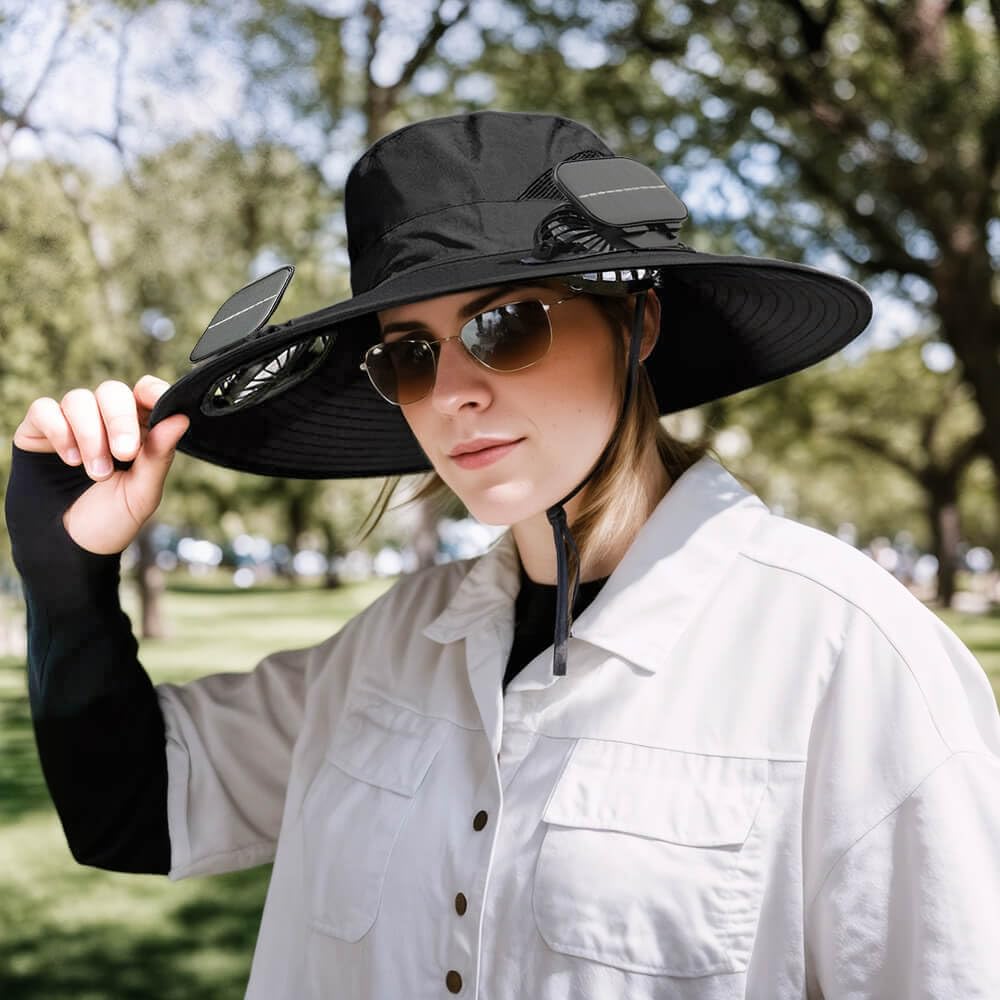 Solar Powered Fan Hat for Men Women Wide Brim Hat with 2 Fans UPF 50+ Outdoor Fishing Beach Sun Hat Black