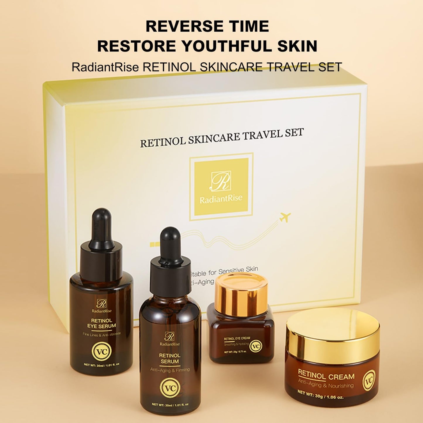 OKADY Retinol Skincare Travel Kit - Mini Facial Care Set,Travel Skincare Set with Essence, Cream & Eye Treatment | Hydrating Age-Defying Routine, Vacation-Ready Skincare Gifts