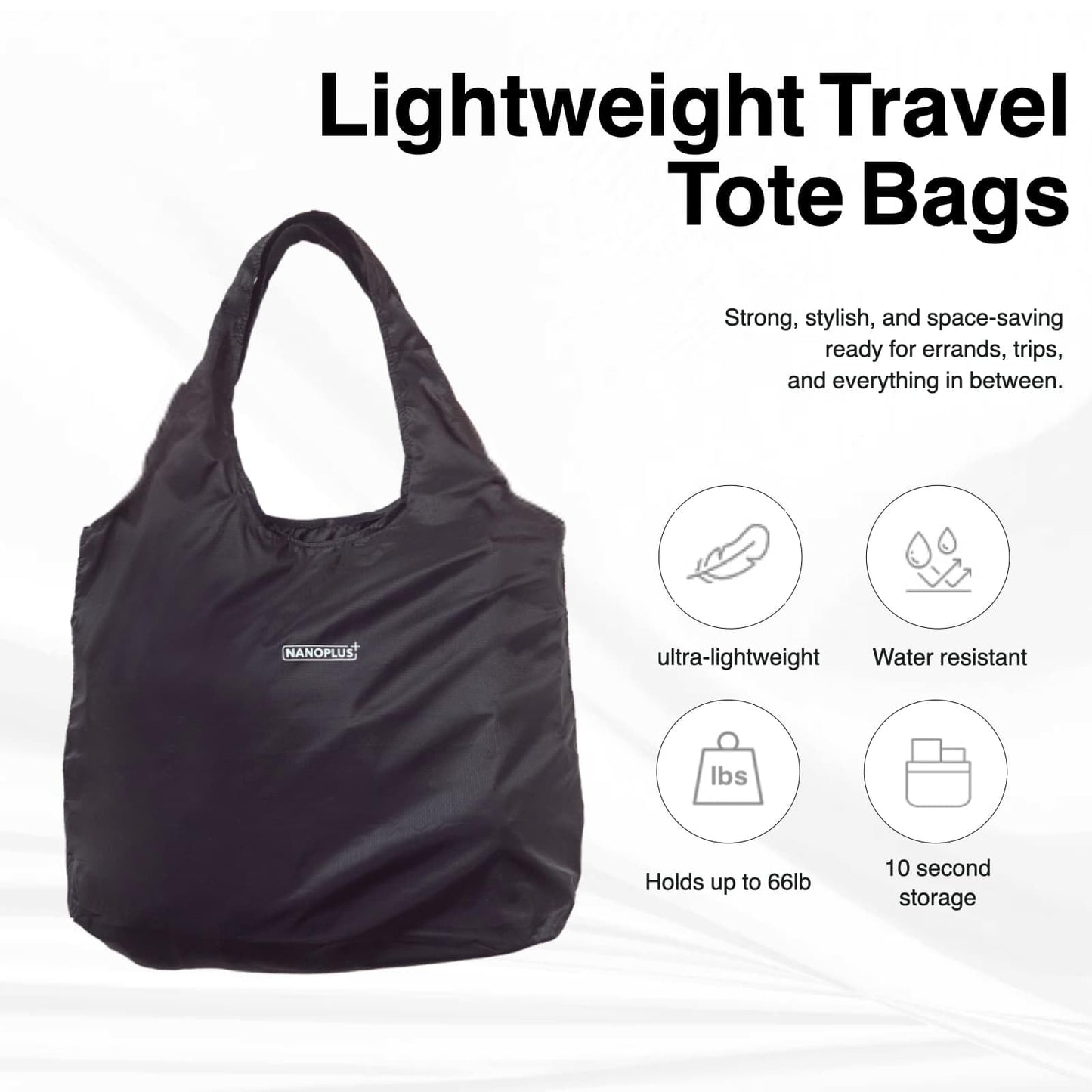 NANOPLUS Compact Reusable Grocery 30L Tote Bag – Lightweight, Foldable & Packable Shopping Bag for Travel, Daily Errands, and Outdoor Use – Collapsible, Washable (Black)