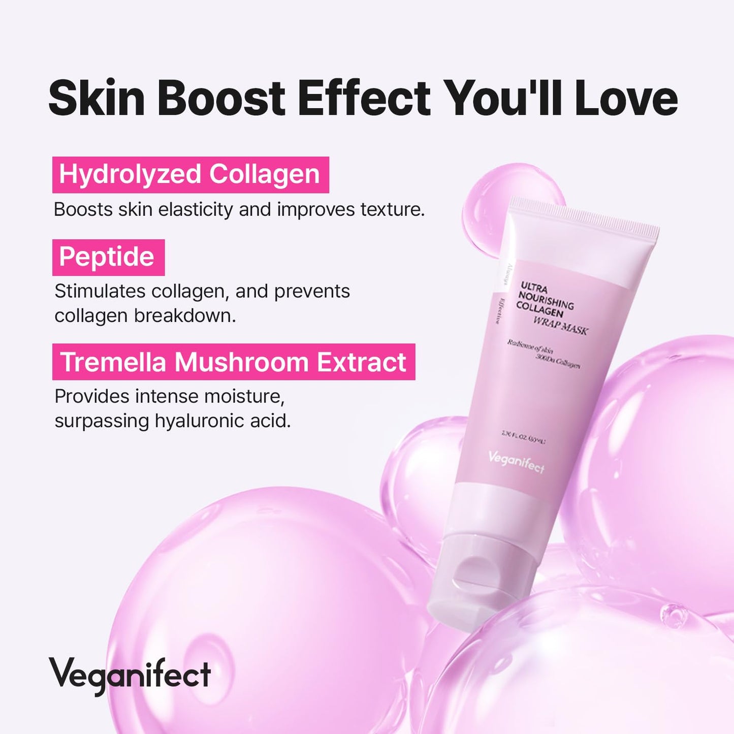 VEGANIFECT Collagen Overnight Wrapping Peel Off Facial Cream Mask with Jelly Brush, For Elasticity, Hydrating, Hydrolyzed Collagen & Peptide, Glass Skin, Korean Skincare, 2.73 Fl Oz