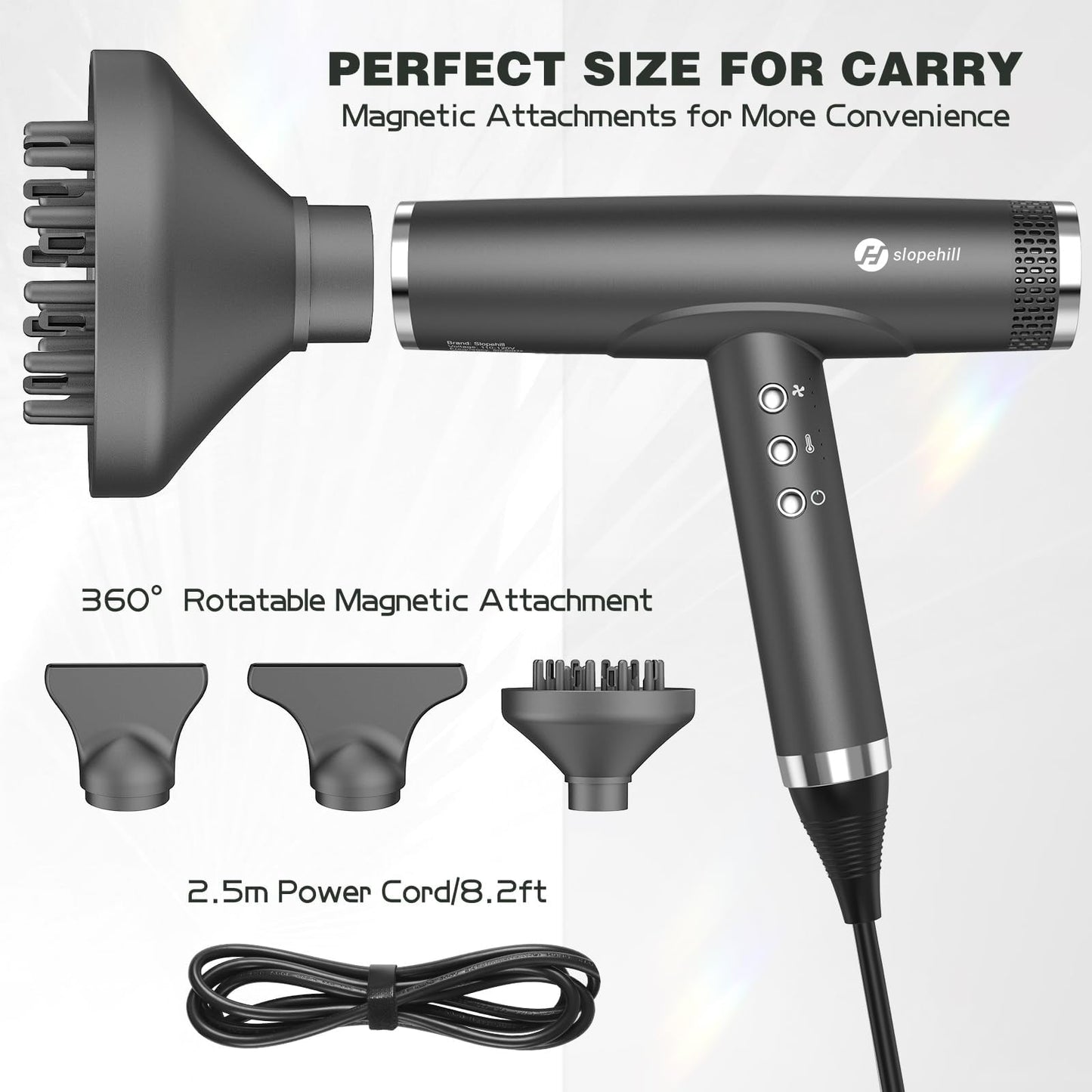 slopehill Professional Ionic Hair Dryer with Diffuser - Lightweight, Compact, Powerful & Fast Salon Blow Dryer with High Speed Brushless Motor for Travel, Women & Men (Ceramic, Black)