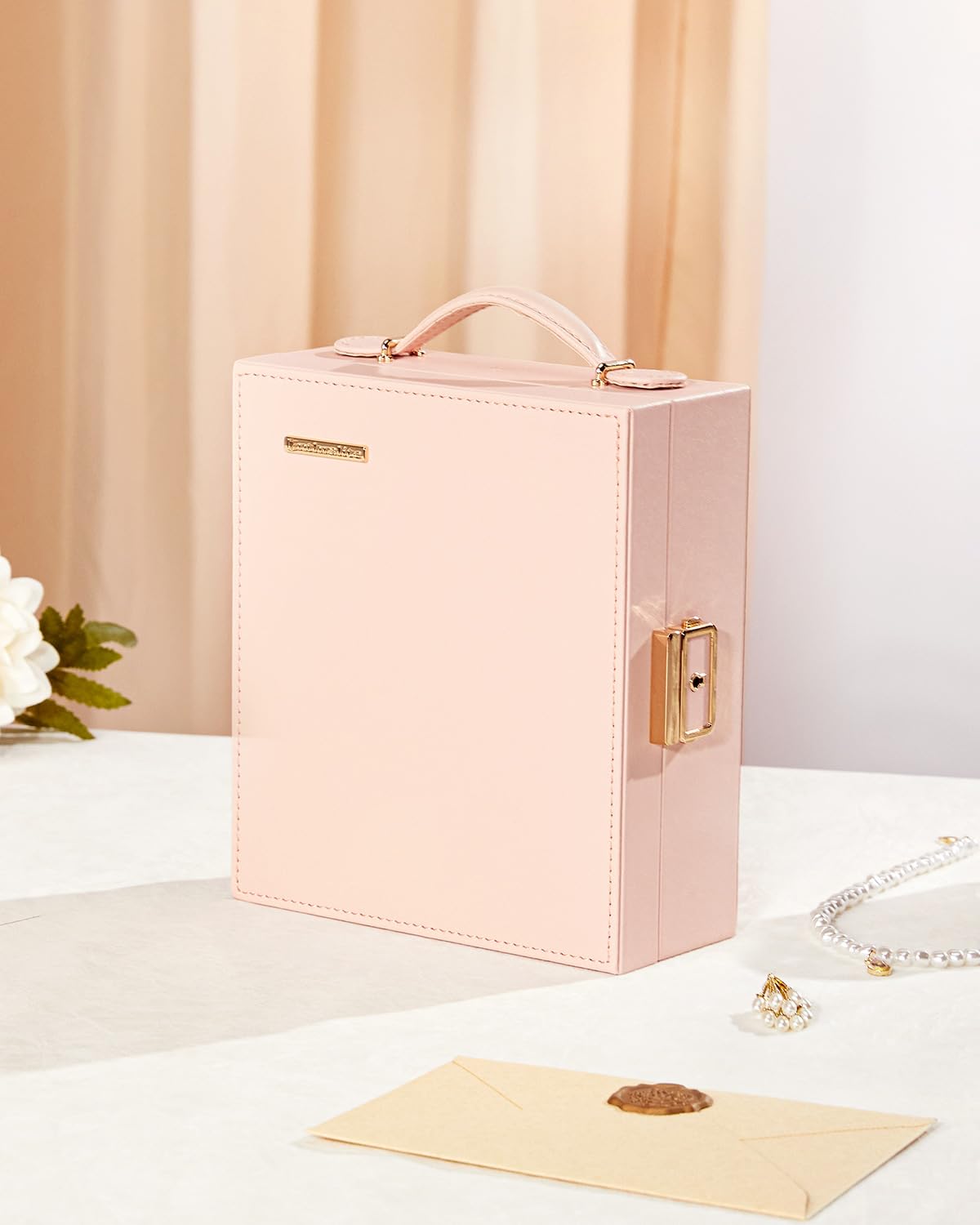 Enthralite Travel Jewelry Case, Essentials for vacation, Portable Bangle Box with Mirror, PU Leather Small Watch Organizer for Rings, Earrings, Necklaces, Bracelets (Light Pink)