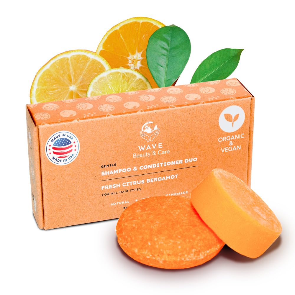 Wave Fresh Citrus Shampoo Bar & Conditioner Bar Set - Vegan & Sulfate-Free - Handmade Moisturizing Solid Bars for All Hair Types - Convenient for Travel, Long-Lasting, (80-120 Uses) - Citrus