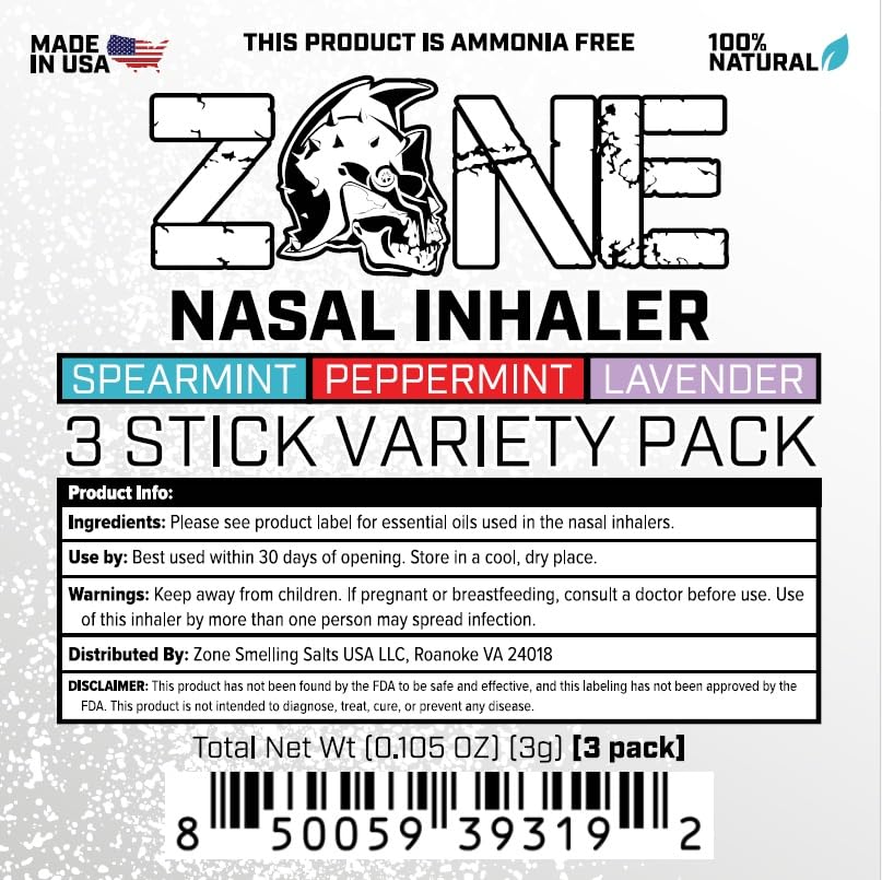 Zone Essential Oil Nasal Inhaler – Sinus Relief, Stress & Anxiety Support, Relaxation Aid – Natural Aromatherapy Stick – Made in USA (Peppermint, Spearmint, Lavender 3-Pack)