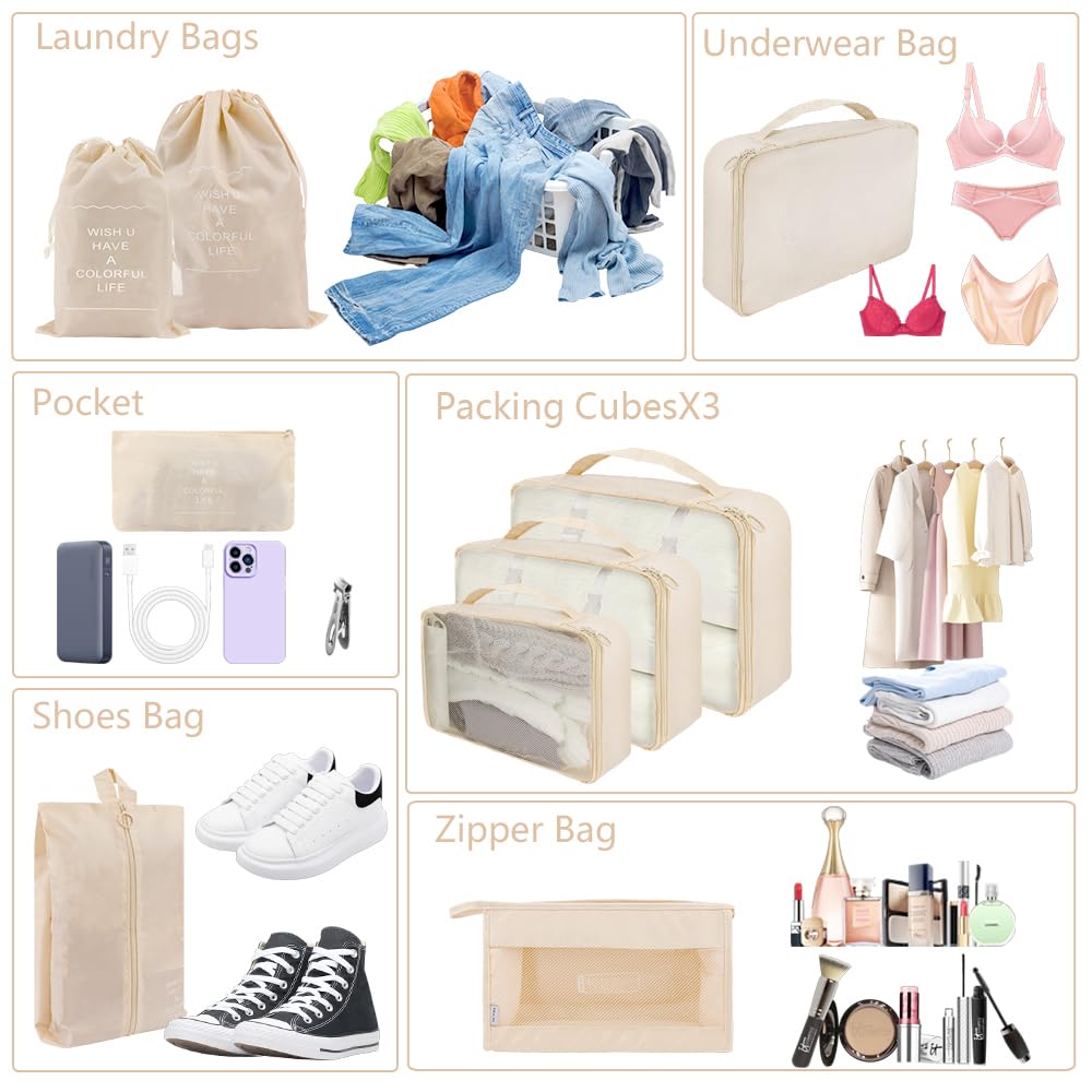 10 Set Packing Cubes for Travel, Lightweight Suitcase Luggage Organizer Bags, Travel Essentials Packing Organizers for Luggage, Packing Cubes for Carry On Suitcase in 4 Sizes with Shoe Bag, White