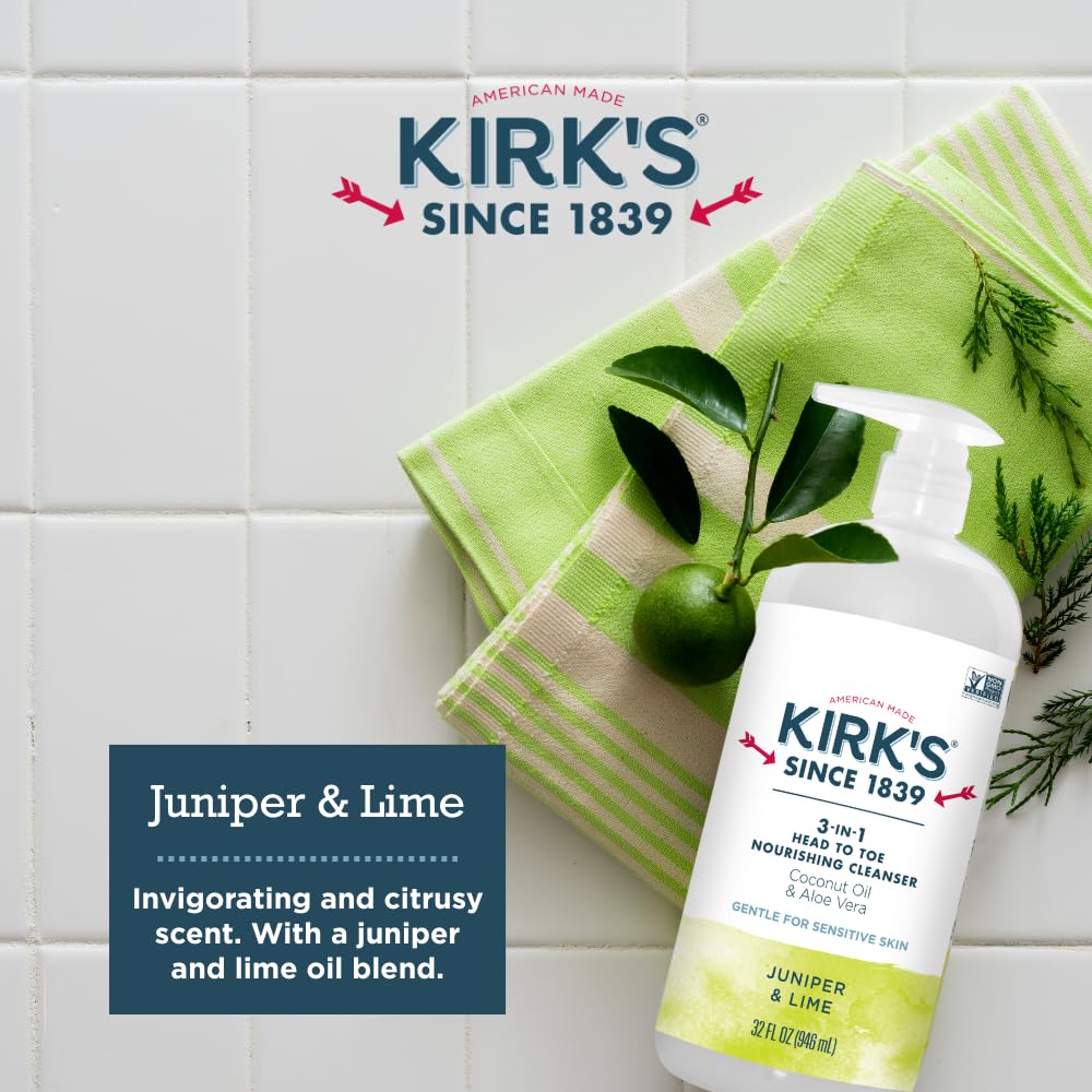 Kirk's 3-in-1 Castile Liquid Soap Travel Size Bar Soap (1.13 oz.) | Head-to-Toe Clean Shampoo, Face Soap & Body Wash for Men, Women & Children | Juniper & Lime Scent | 32 Fl Oz.