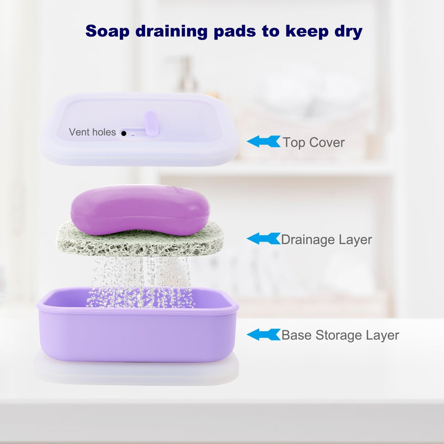 Leak Proof Travel Soap Case,Solid Shampoo Bar Holder, Silicone Soap Container with Draining Layer, Portable Bar Soap Holder for Bathroom, Camping, Gym, Easy to Clean (Purple, Large)