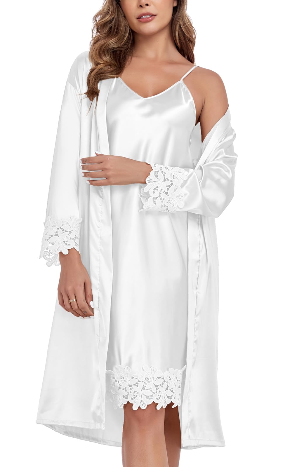 BestWendding Women's Silk Robe Set 2 Pieces Pajamas Sets Sexy Soft Satin Robe with V Neck Camisole Lingerie Nightgown, White1 L