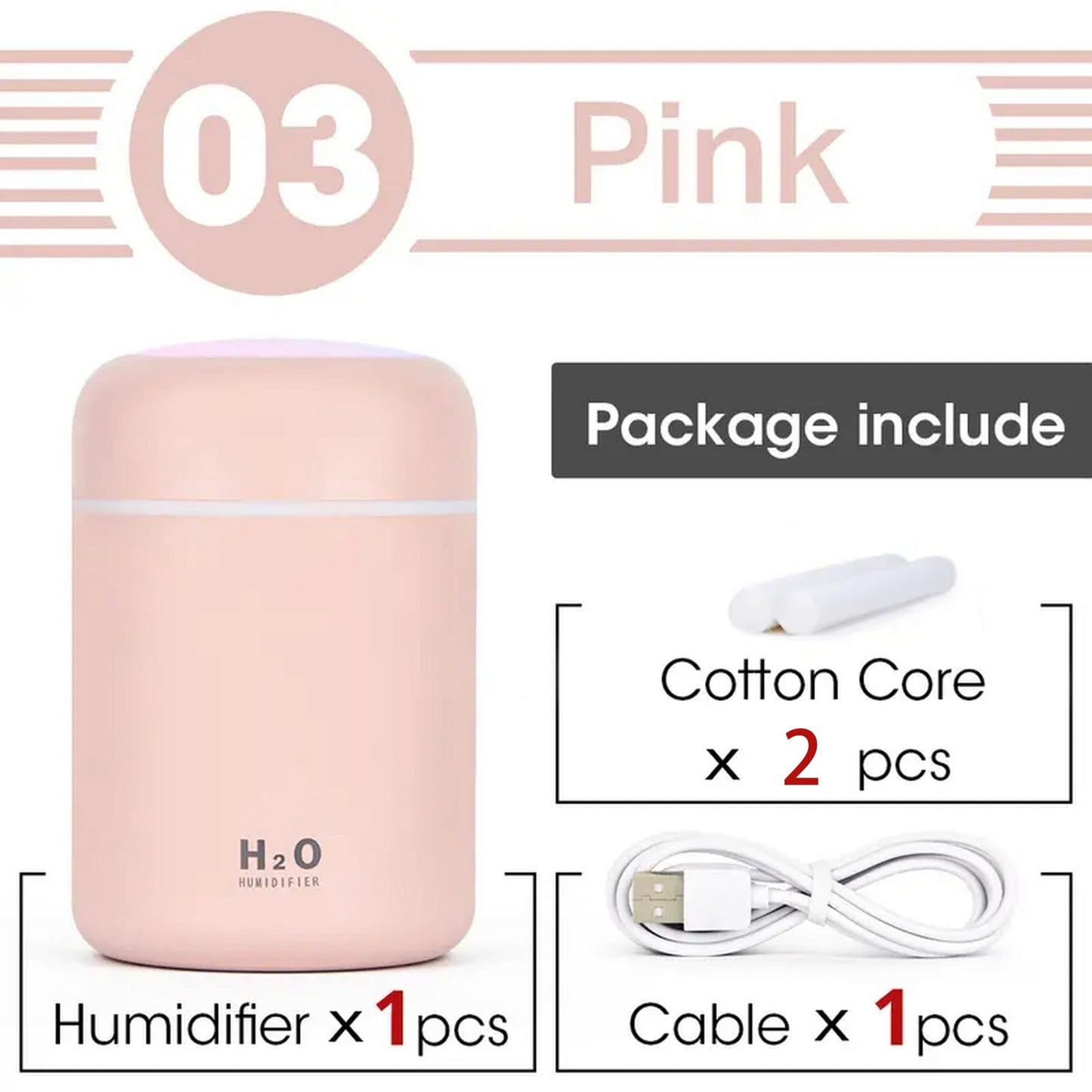 Portable Mini Humidifier, Colorful, Cool Mist, USB Powered. Perfect for Bedroom, Office & Car (300ml, Pink)