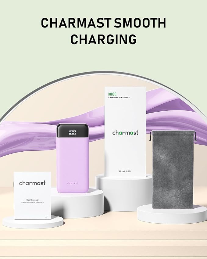 charmast Portable Charger with Built in Cables, 10000mAh Slim Power Bank, 15W USB C in&Out Port High Speed Charging External Charger, Battery Pack Compatible with iPhone 16 15 13 Samsung Google iPad