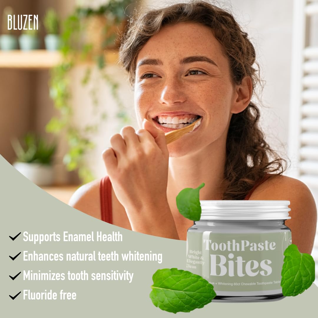 Whitening Toothpaste Tablets with Nano Hydroxyapatite, Fluoride Free, Plastic Free, Eco & Best Travel Friendly Chewable Mint Toothpaste Bites | 62 Count