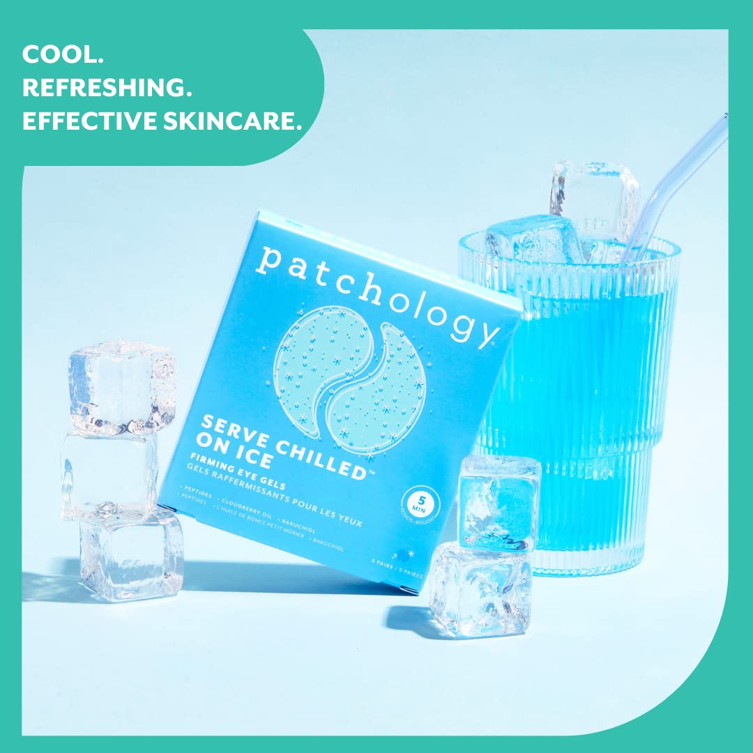 Patchology Iced Cooling Under Eye Mask Patches with Peptides, Cloudberry Oil and Bakuchiol. Cool eye gels to firm skin and soothe, reduce fine lines and under eye bags 5 Pair