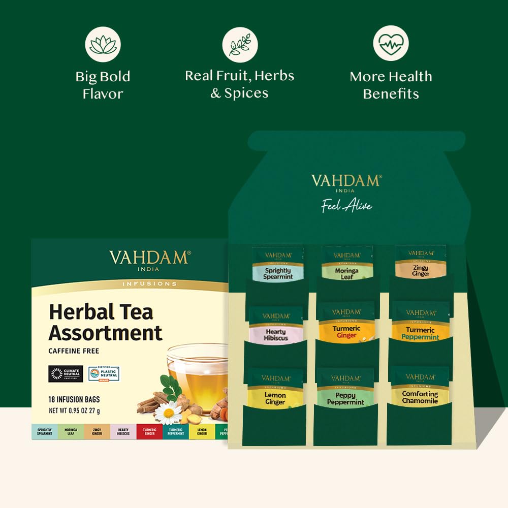 VAHDAM, Assorted Herbal Tea Sampler (18 Tea Bags, 9 Flavors) Caffeine-Free, Non-GMO | Double Infusion, Individually Enveloped Tea Bags | Herbal Tea Assortment