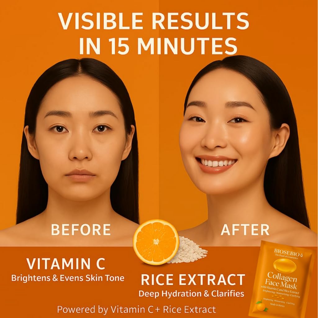 Korean Collagen Face Mask with Vitamin C & Rice Extract - BIOSEBIO Hyaluronic Acid Sheet Masks for Glowing Radiant Skin - Deep Hydrating, Moisturizing & Anti-Aging Facial Skincare for Women - 5 Pack