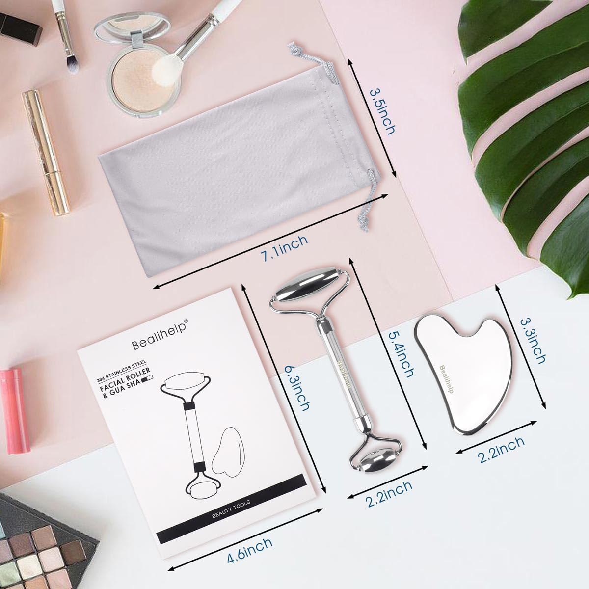 Bealihelp Face Roller & Gua Sha, Stainless Steel Facial Roller and Gua Sha Tool for Face, Skin Care, Anti-Aging, and Lifting