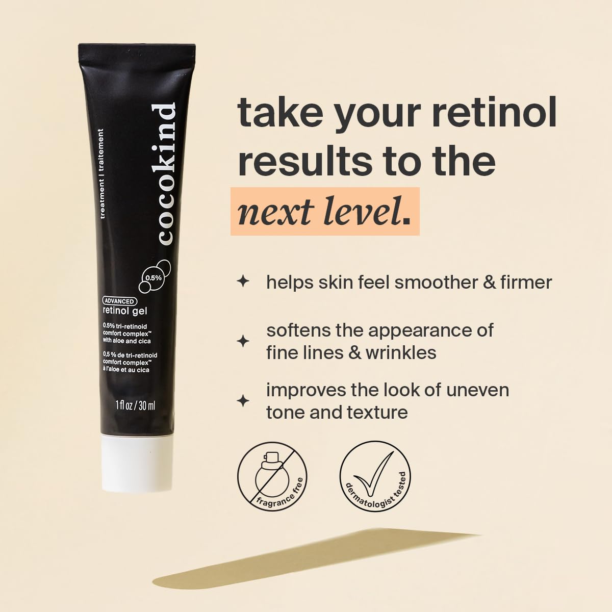 Cocokind Advanced Retinol Gel 0.5%, Improve the Appearance of Fine Lines and Uneven Texture without Irritation, Aloe and Cica to Prevent Dryness, 1 fl oz