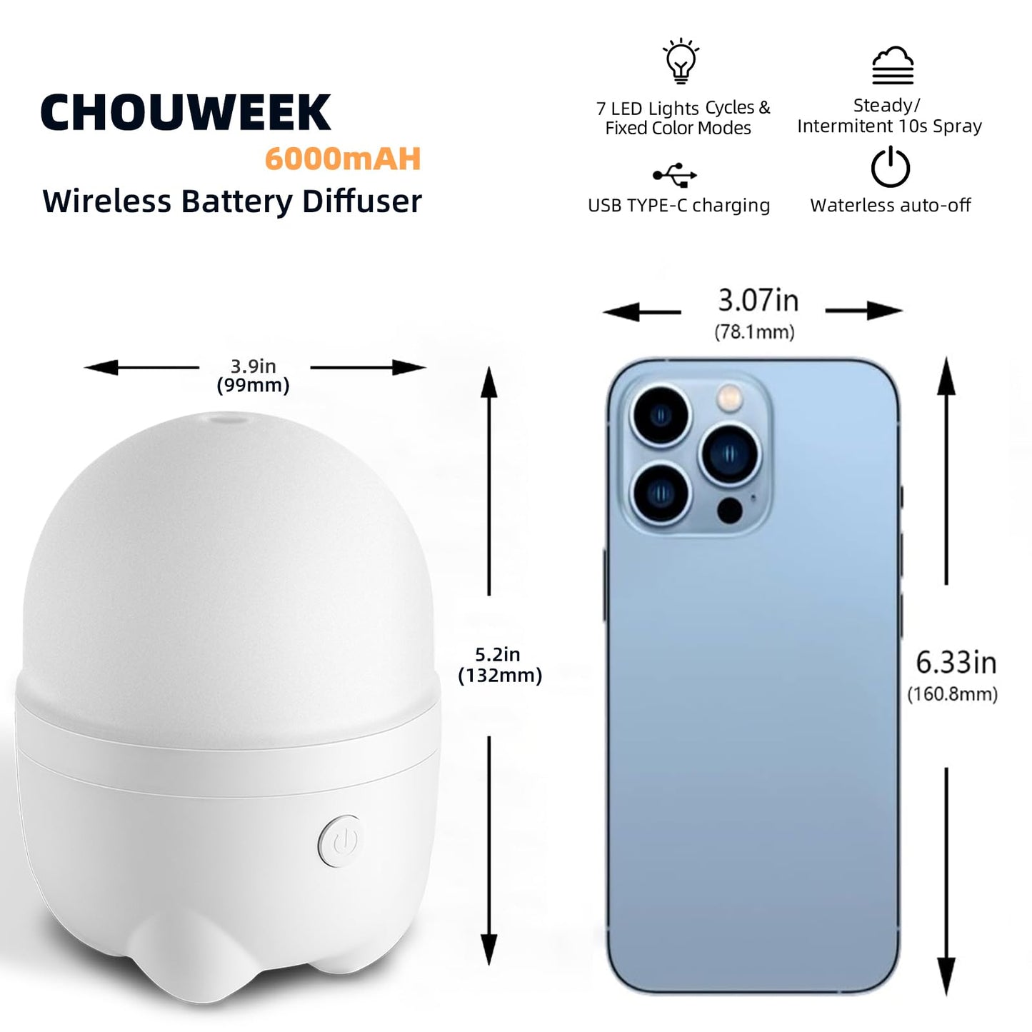 CHOUWEEK Cordless Rechargeable Diffuser for Essential Oil, Battery Operated & Wireless USB Aroma Diffuser Humidfer, Mini Portable Scent Diffuser for Aromatherapy (150ml)