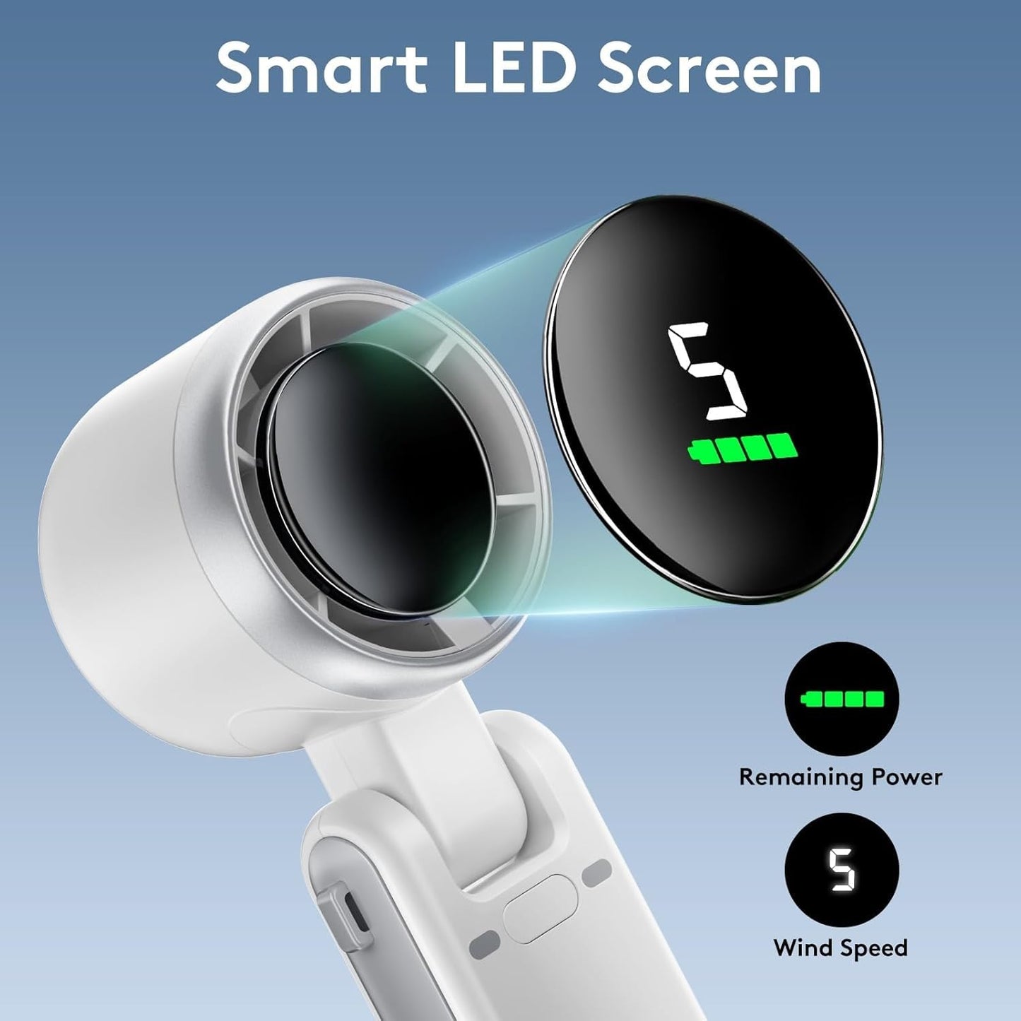 Huinechno Handheld Fan, Rechargeable Personal Fan, High-Power Motor, LED Display, Small Pocket Fans for Travel/Cruise/Beach (White)