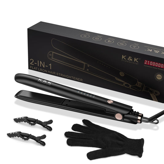 K&K 1 inch Flat Iron 2 in 1 Curler Tourmaline Titanium Hair Straightener 1 inch Plate 4D 360°Swivel LED Display for Woman Short Hair Adjustable Temperature Dual Voltage 110v-220v Auto Shut Off