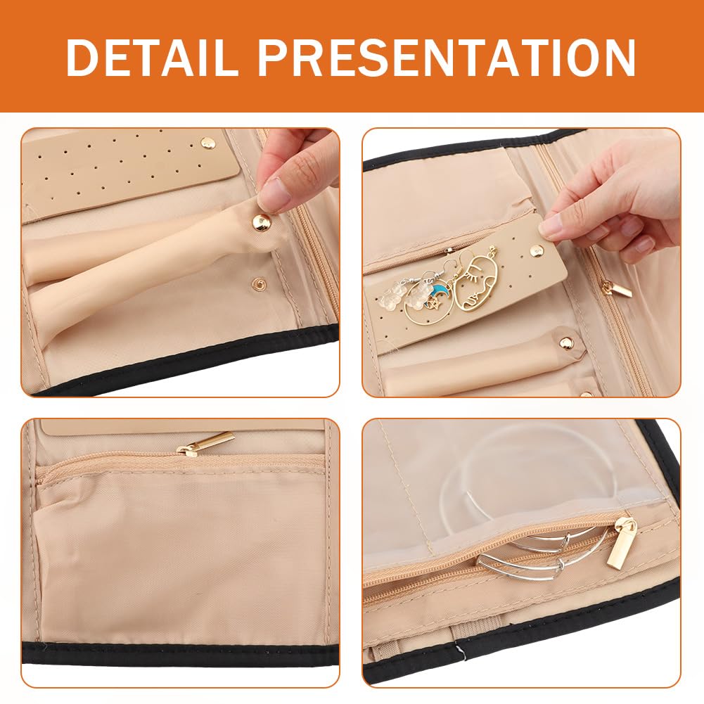 Parthan Travel Jewelry Organizer Case, Foldable Jewelry Storage Roll with 50 pcs Transparent Self Sealing Bag for Store Necklaces Earrings Bracelets Rings, Travel Essentials Girls Gifts(Black)