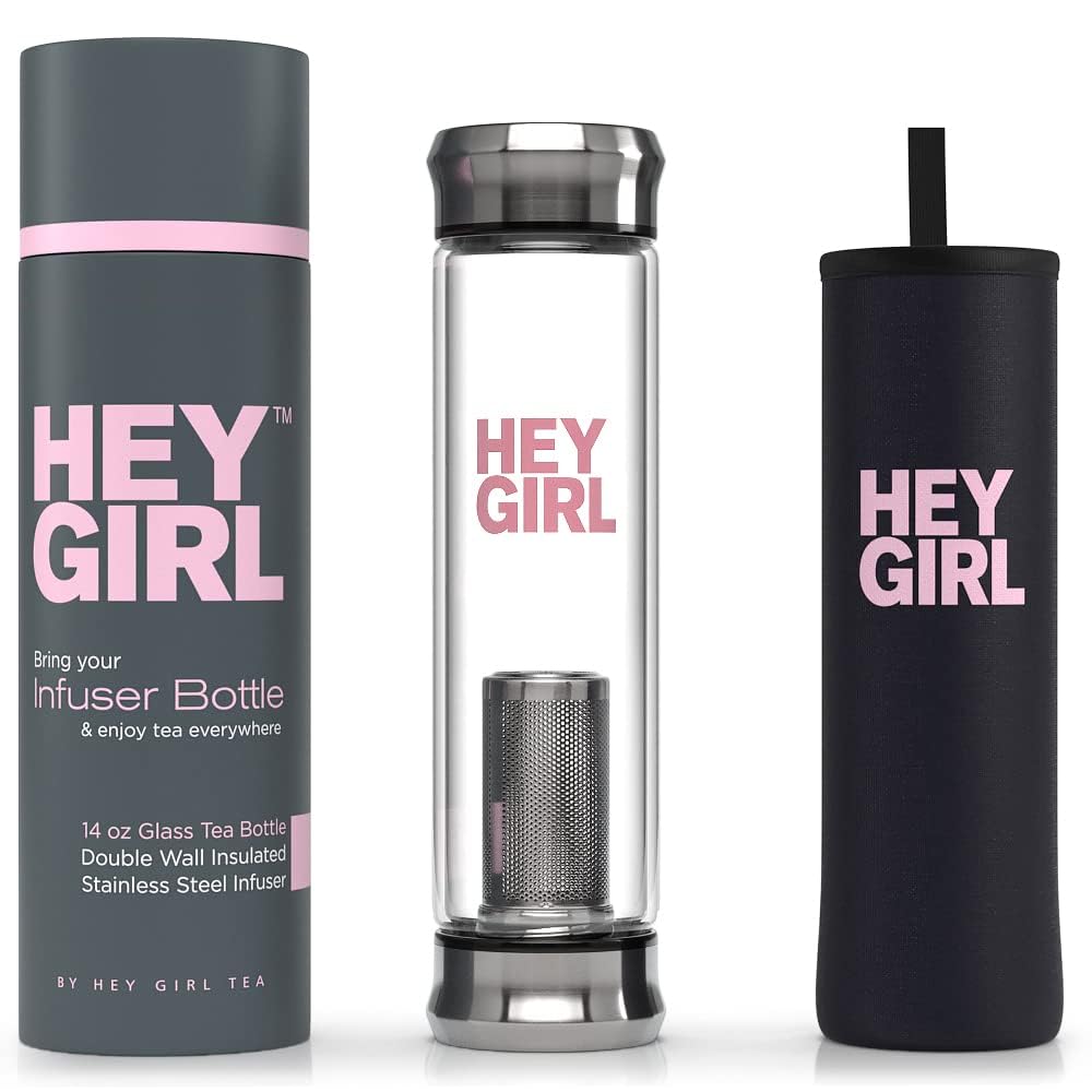 Hey Girl Tea + Tea Bottle Bundle - Feel Better Herbal Tea - Immune Support, Immune Booster plus Glass Infuser Bottle with Tea Diffuser - Insulated Travel Thermos Tumbler For Loose Leaf Tea, Tea Bags