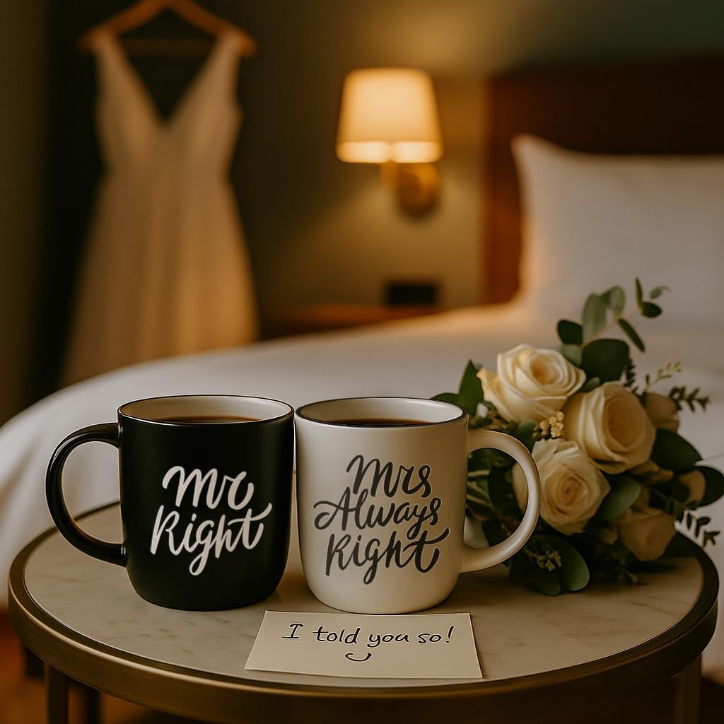 Triple Gifffted Mr Right Mrs Always Right Coffee Mugs Gifts Ideas for Couples, Wedding Anniversary, Engagement, Christmas, His & Hers, Bride and Groom, Parents, Newlyweds Bridal Shower, Ceramic 380ml