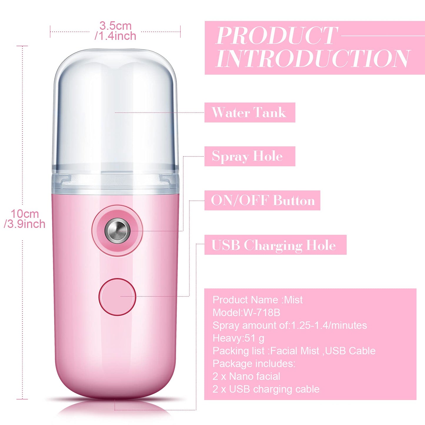Honoson 2 Pieces Nano Facial Mister 30 ml Mini Face Humidifier Portable Facial Sprayer USB Rechargeable Handy Skin Care Machine for Face Hydrating, Daily Makeup (Black and Pink)